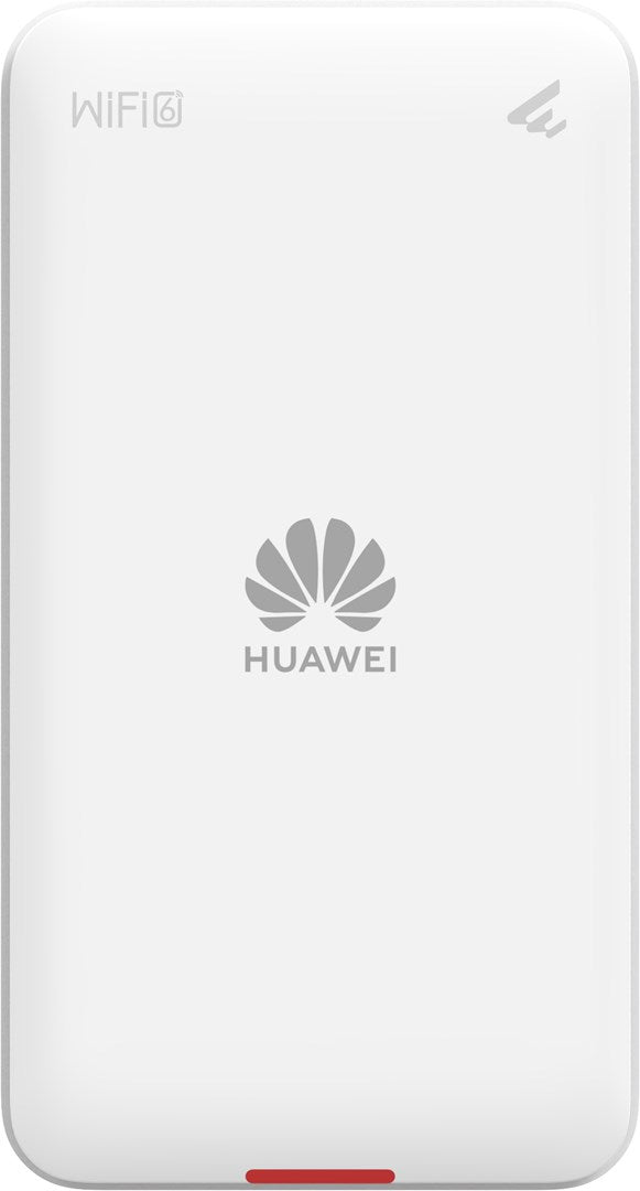 Un router Huawei WiFi 6 bianco con logo Huawei e barra rossa in basso.