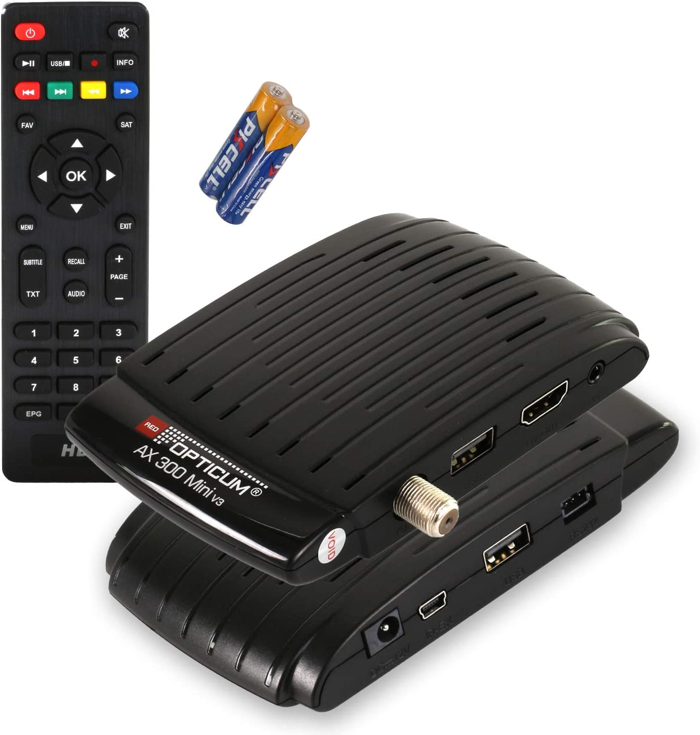 Schwarzer Satellitenreceiver mit Fernbedienung und Batterien.