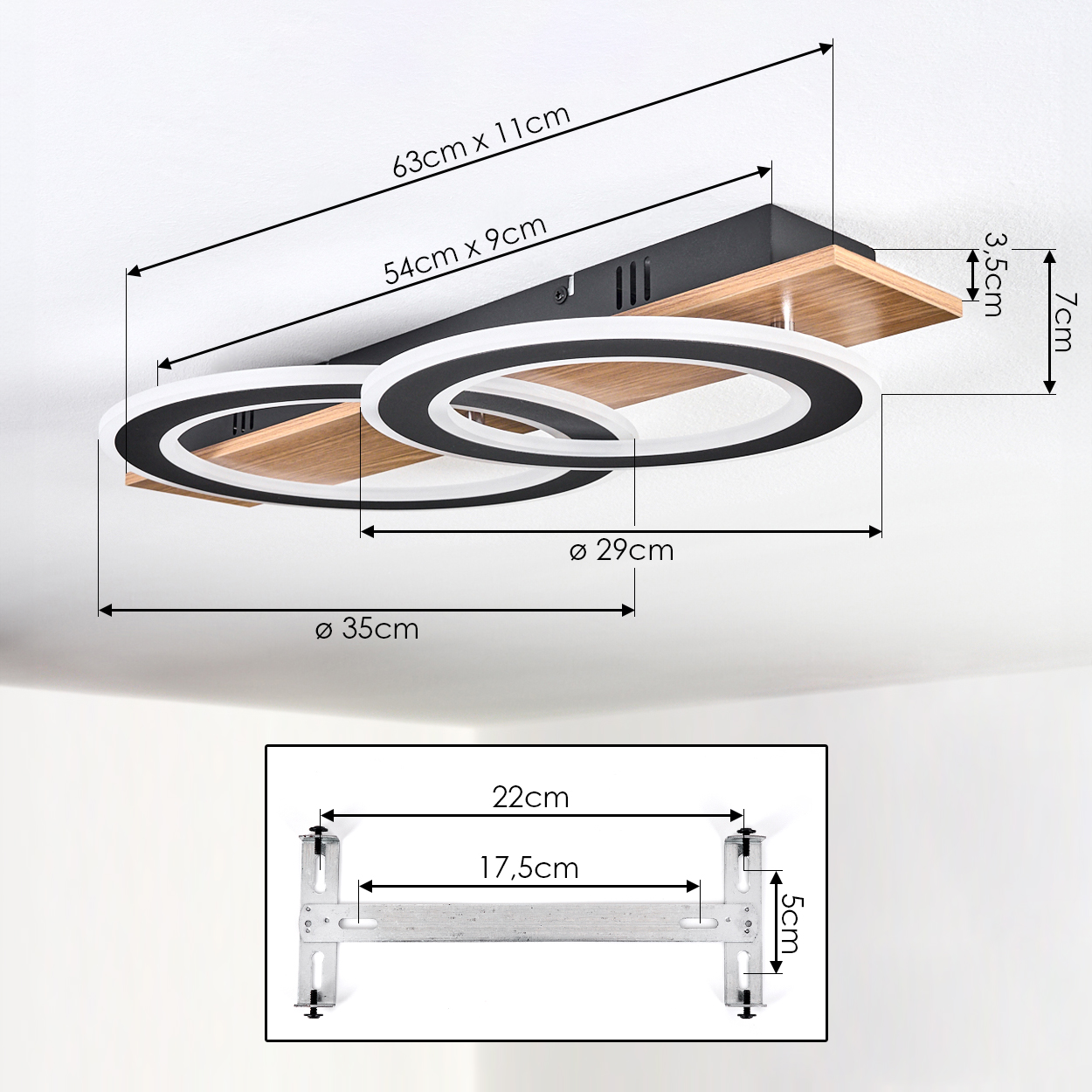 Moderne Deckenleuchte mit Holzdetails und Maßen.