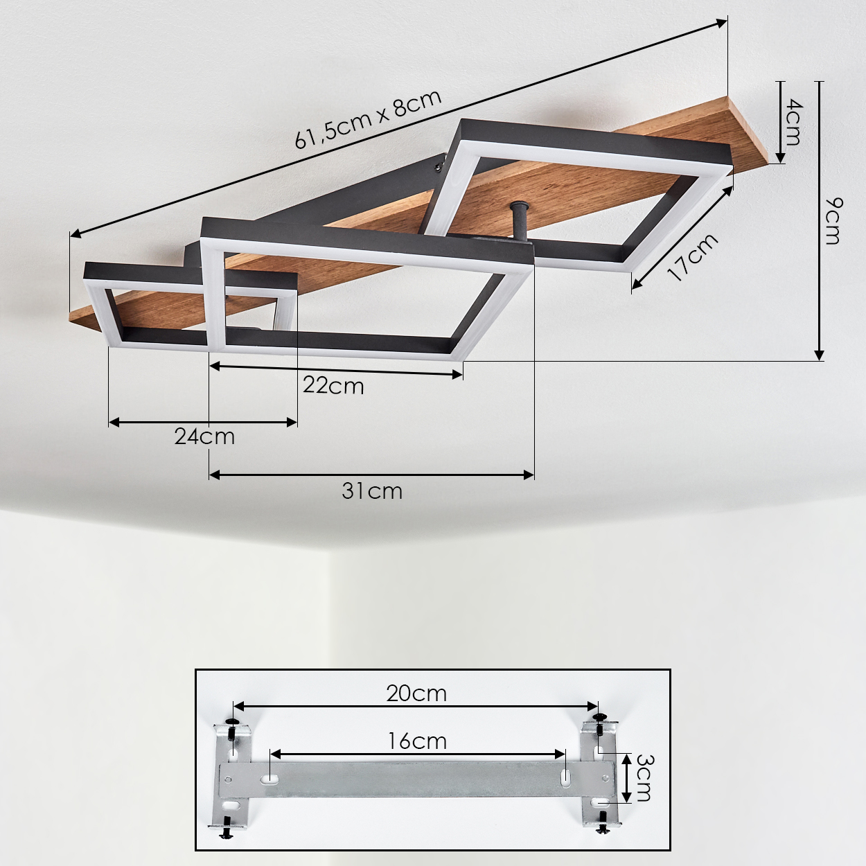 Moderne Deckenleuchte mit Holz und Metallrahmen, mit Maßen.