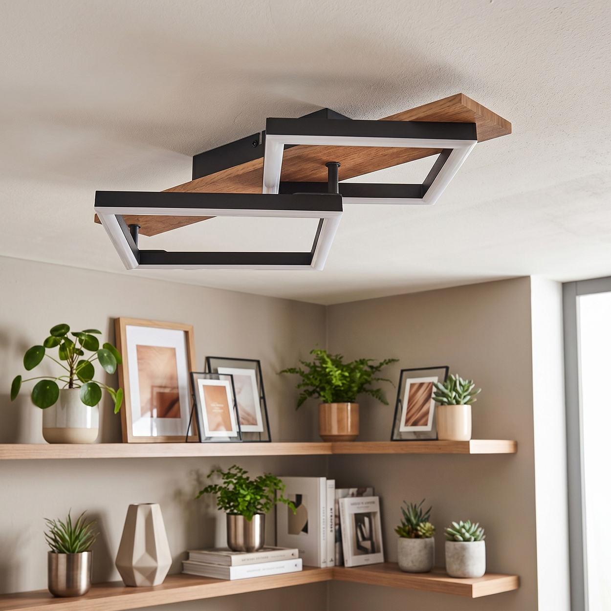 Moderne Deckenleuchte mit Holz- und schwarzen Rahmen, beleuchtet Regale mit Pflanzen und Bilderrahmen.