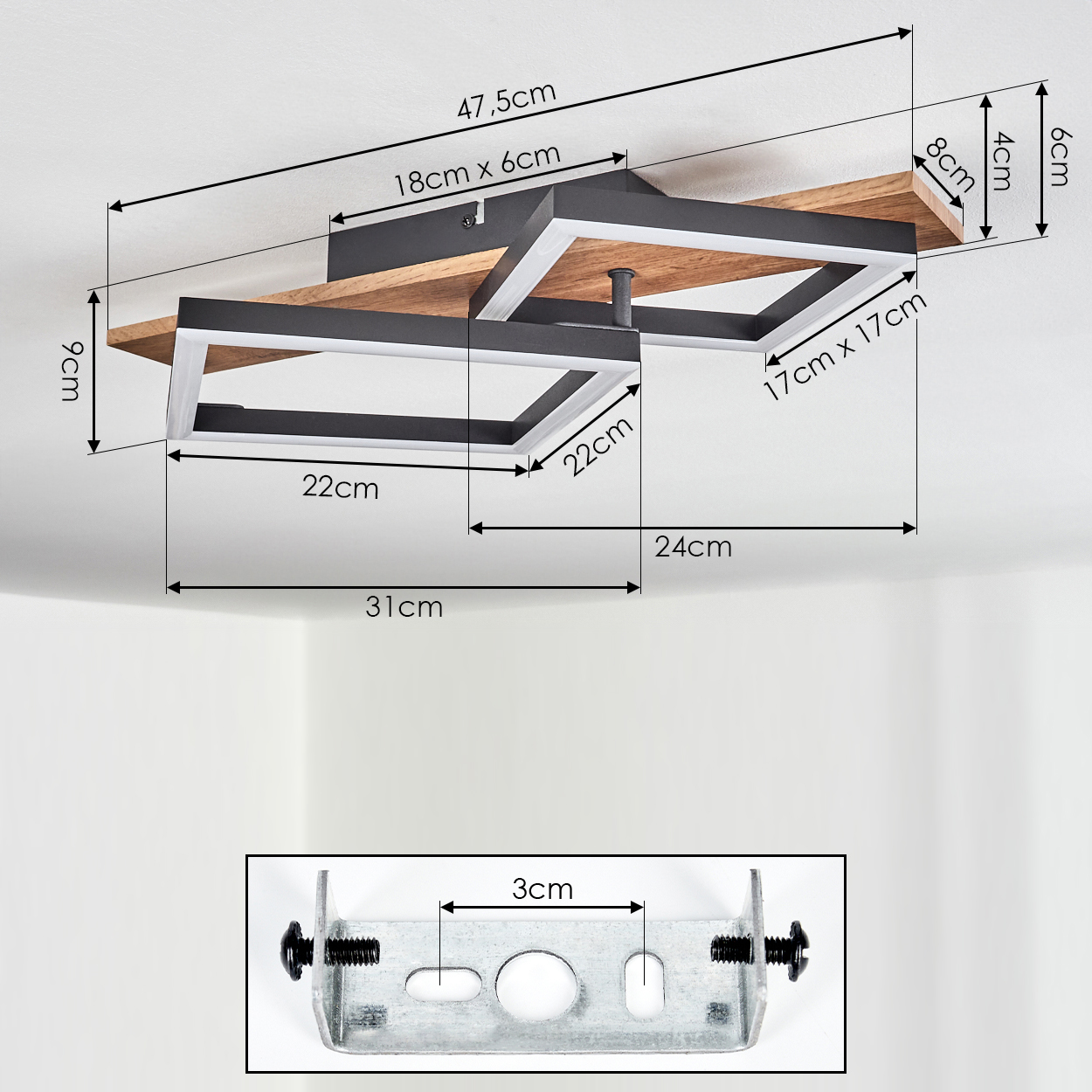 Moderne Deckenleuchte mit Holz- und Metallelementen, Maße sind angegeben.