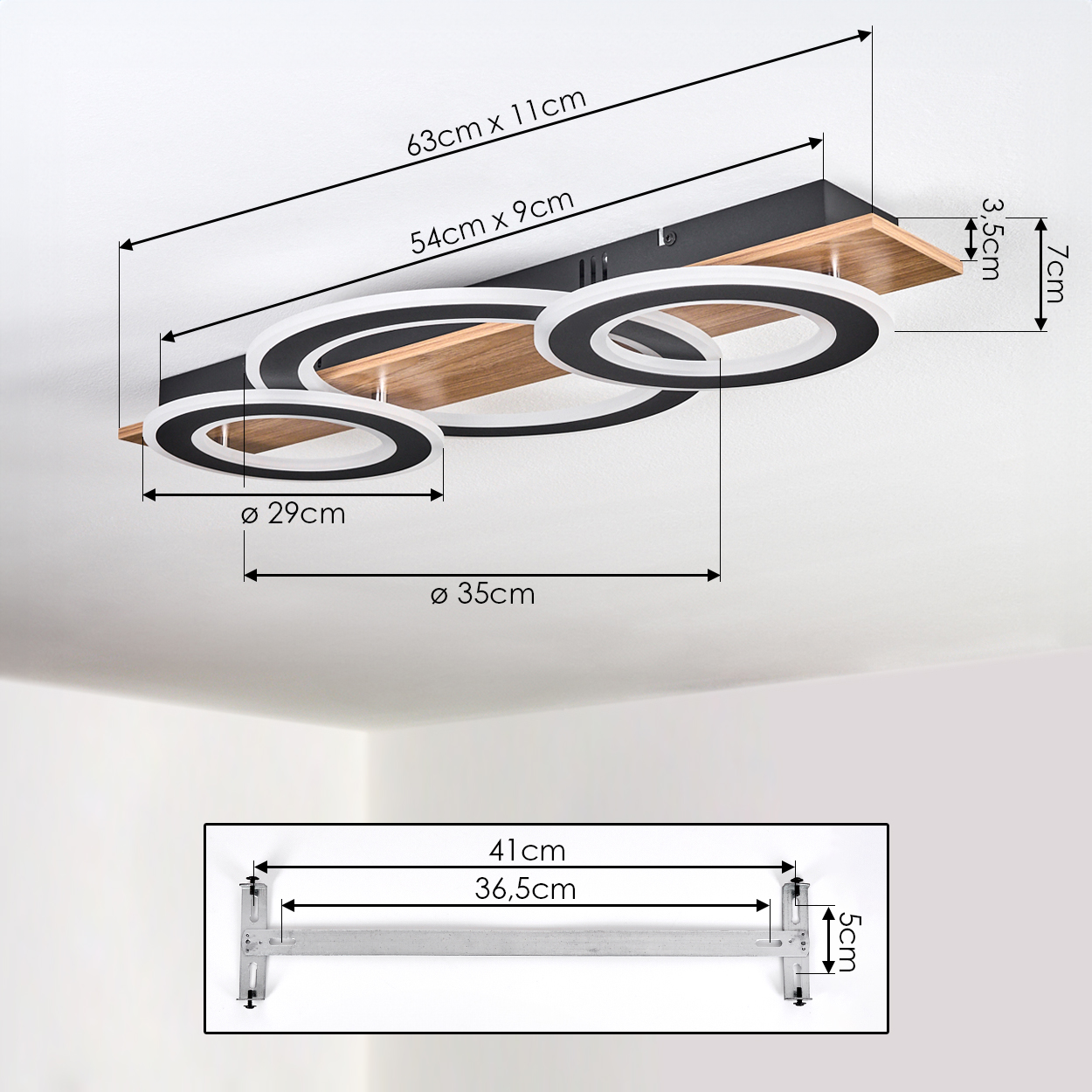 Deckenleuchte mit Holzdetail und drei Ringen; Maße angegeben.