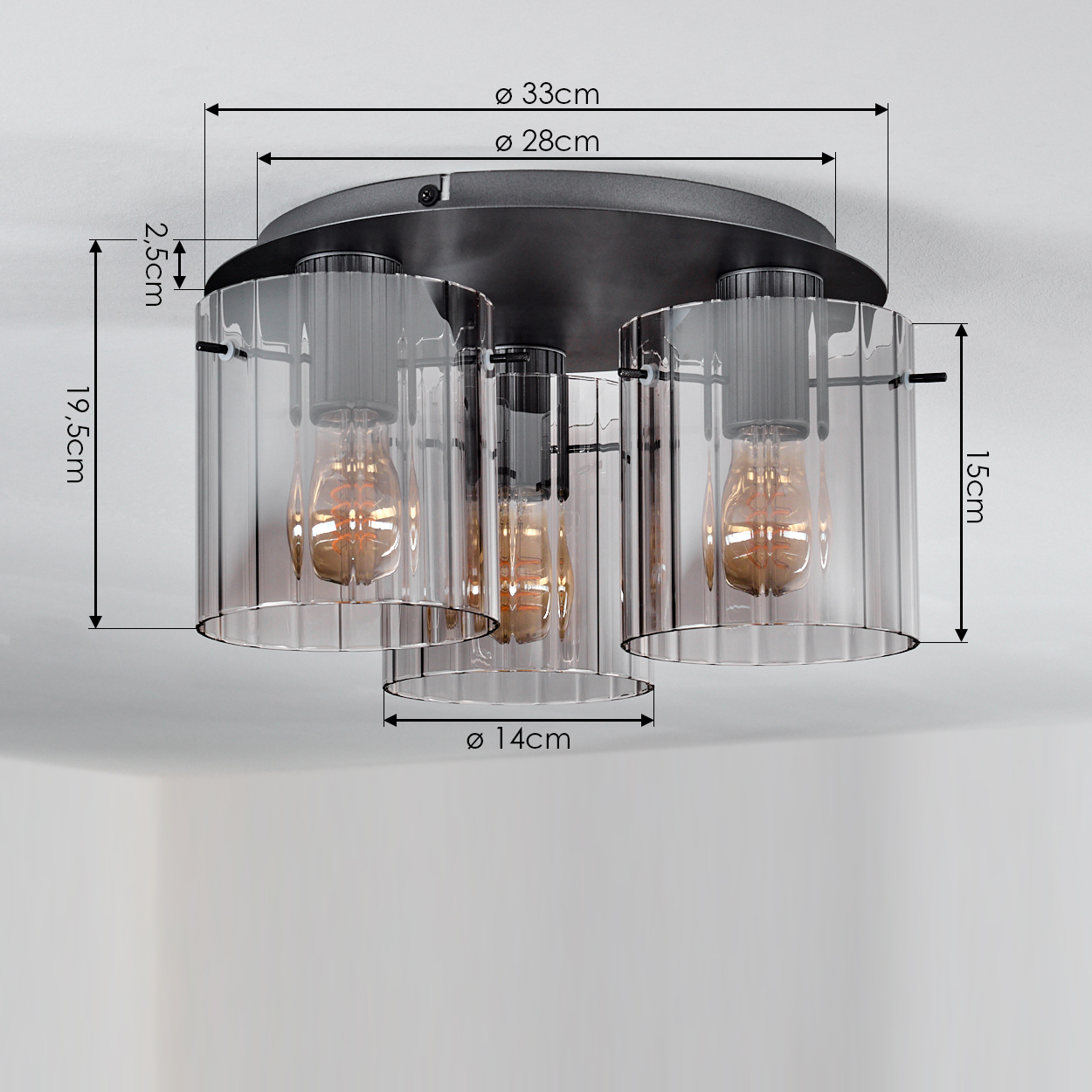 Moderne Deckenleuchte mit drei transparenten Zylindern, Edison-Glühbirnen, Maße angegeben.