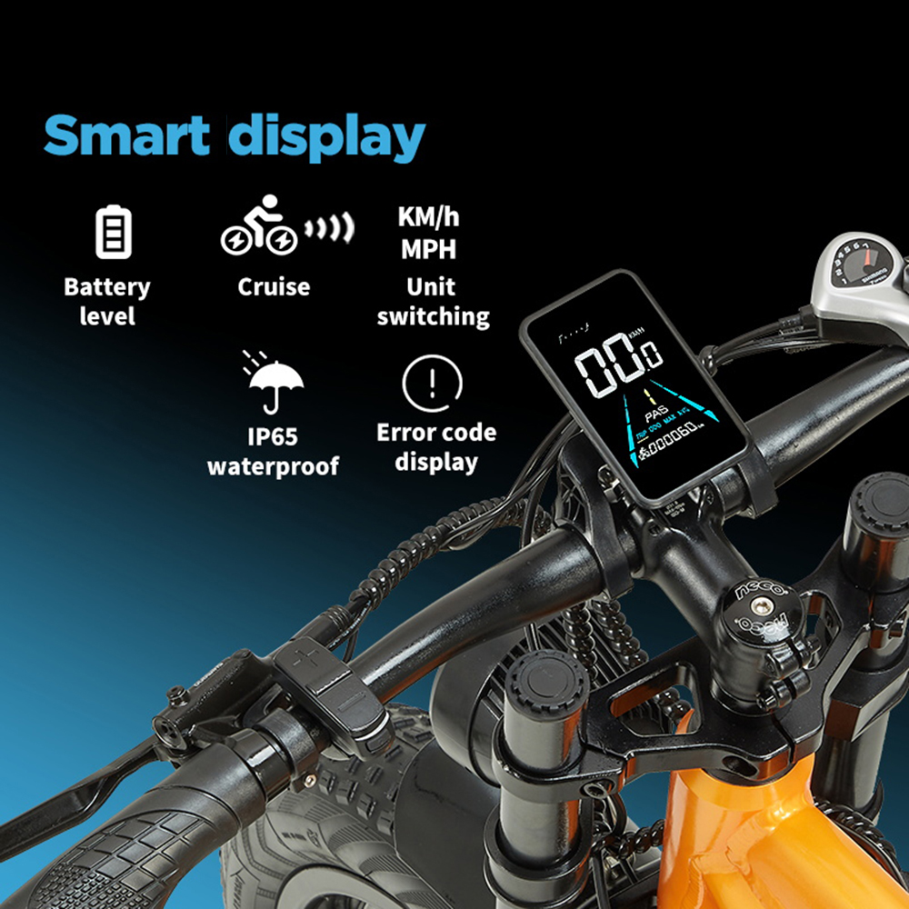 E-Bike-Display zeigt Batteriestand, Geschwindigkeit, IP65-Wasserdichtigkeit und Fehlercodes.