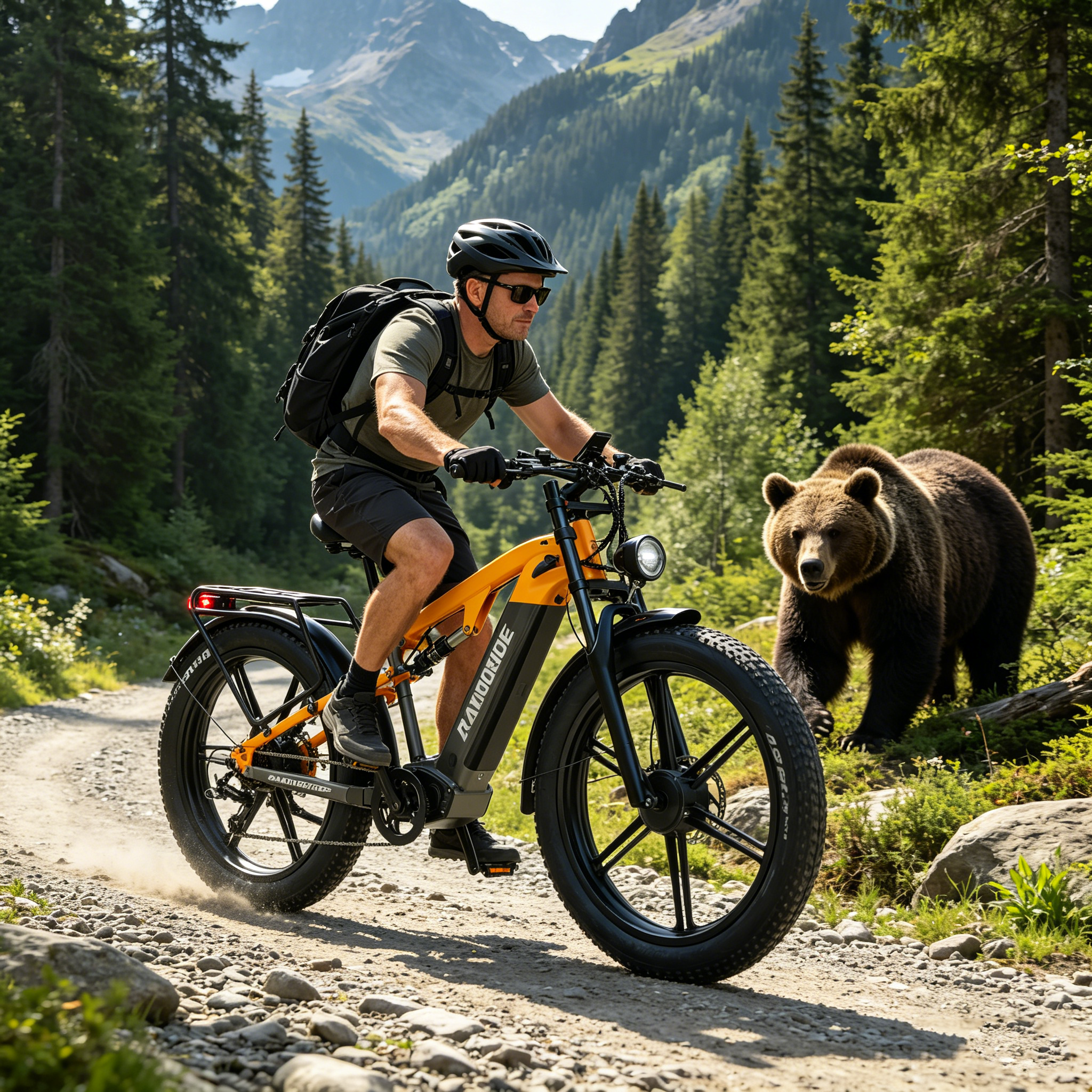 Mann auf gelbem E-Bike auf Feldweg, Bär im Hintergrund, Wald und Berge.
