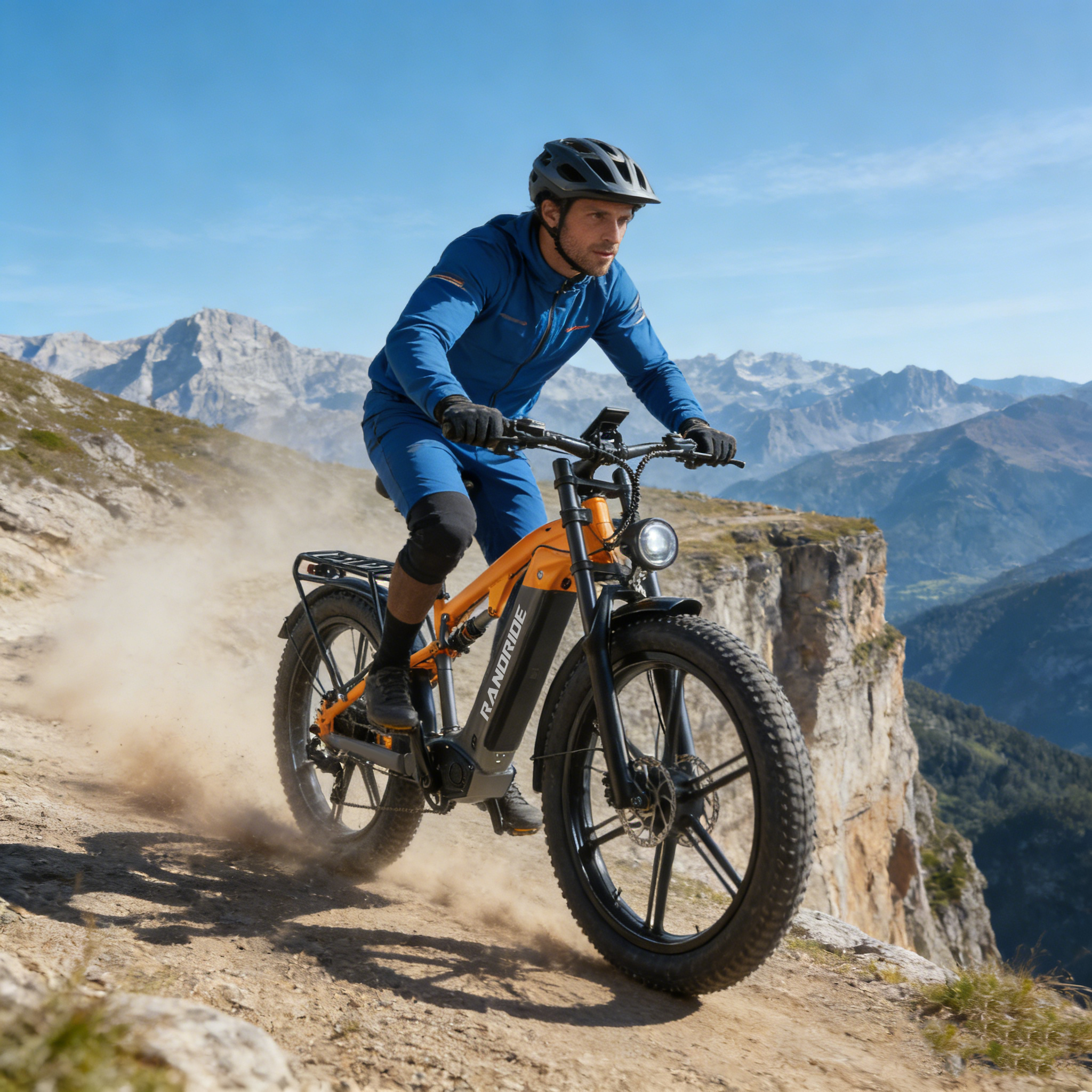 Ein Mann auf einem orangefarbenen E-Bike fährt auf einem staubigen Bergpfad.