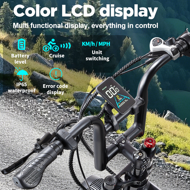 Fahrradlenker mit Farb-LCD-Display, das Akkustand, IP65-Wasserdichtigkeit anzeigt.