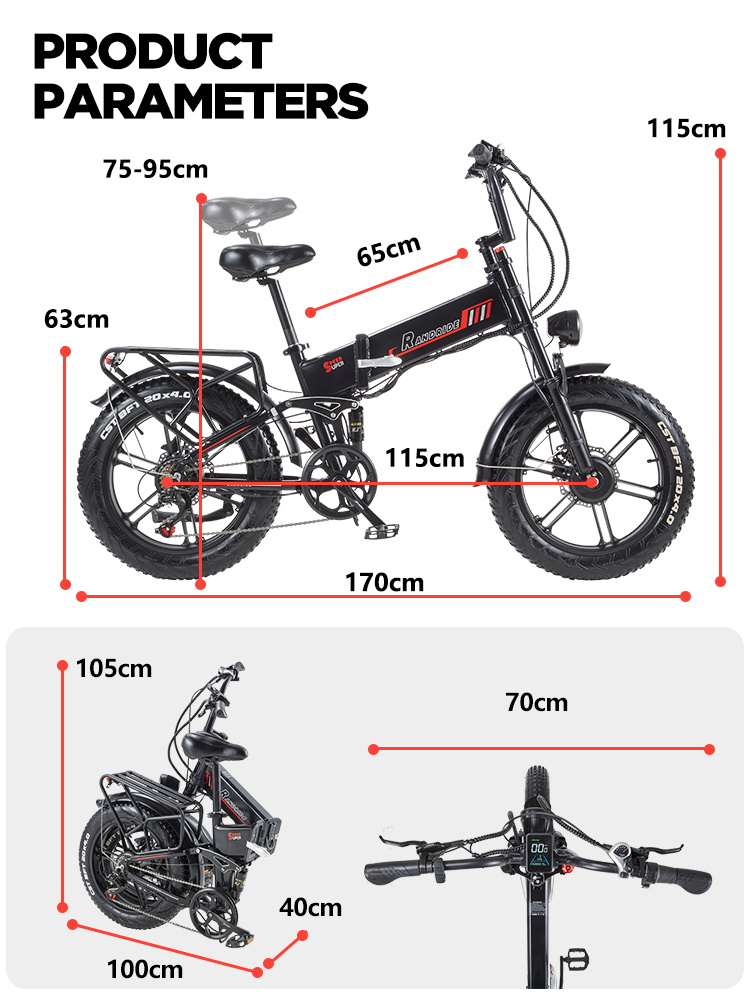 Produktparameter für ein schwarzes Elektrofahrrad, ungefaltet und gefaltet, mit Abmessungen.