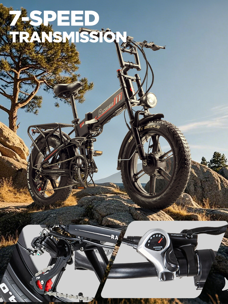 Schwarzes E-Bike mit 7 Gängen steht auf felsigem Untergrund.