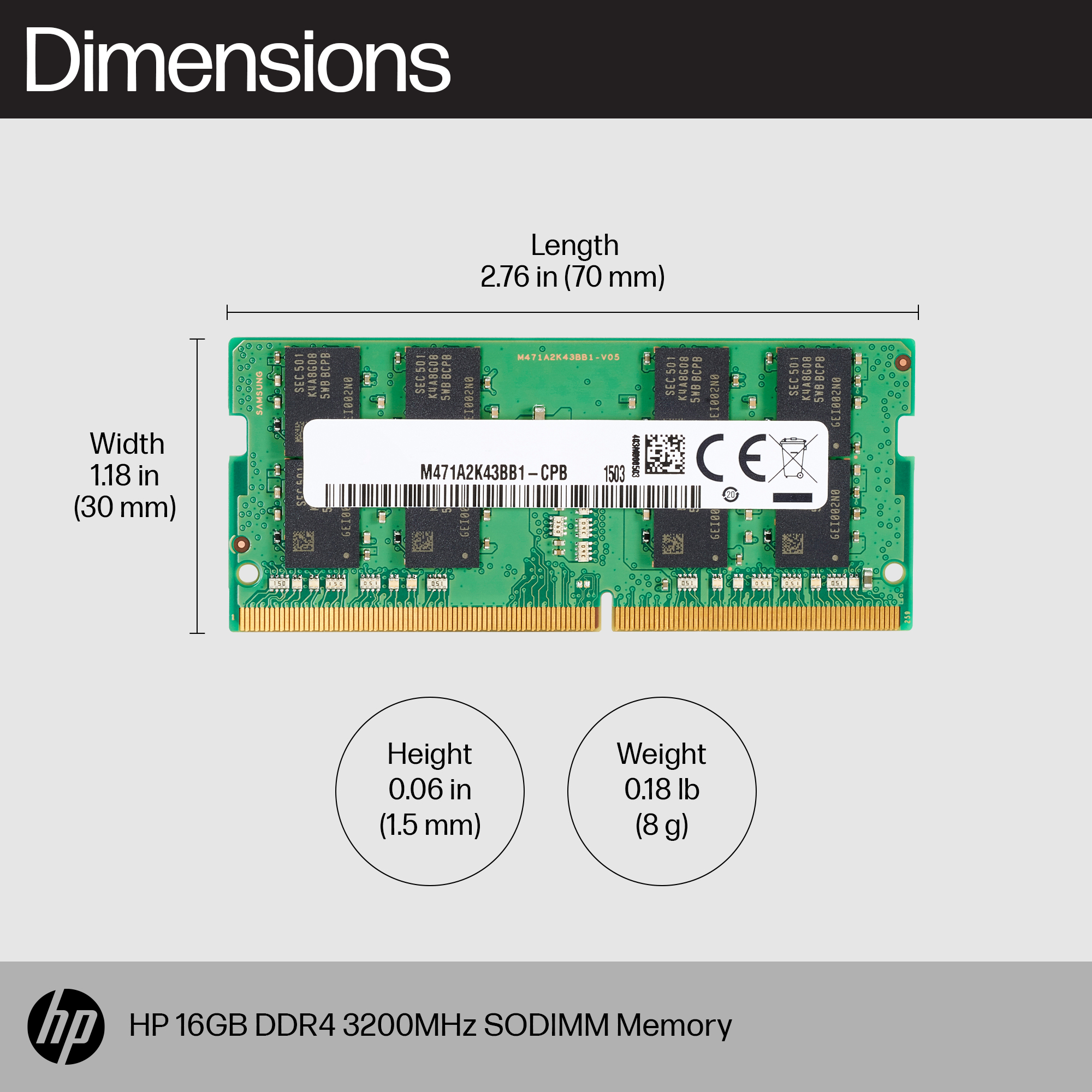 Modulo RAM verde con chip Samsung. Dimensioni: L 70mm, L 30mm, A 1.5mm, Peso 8g.