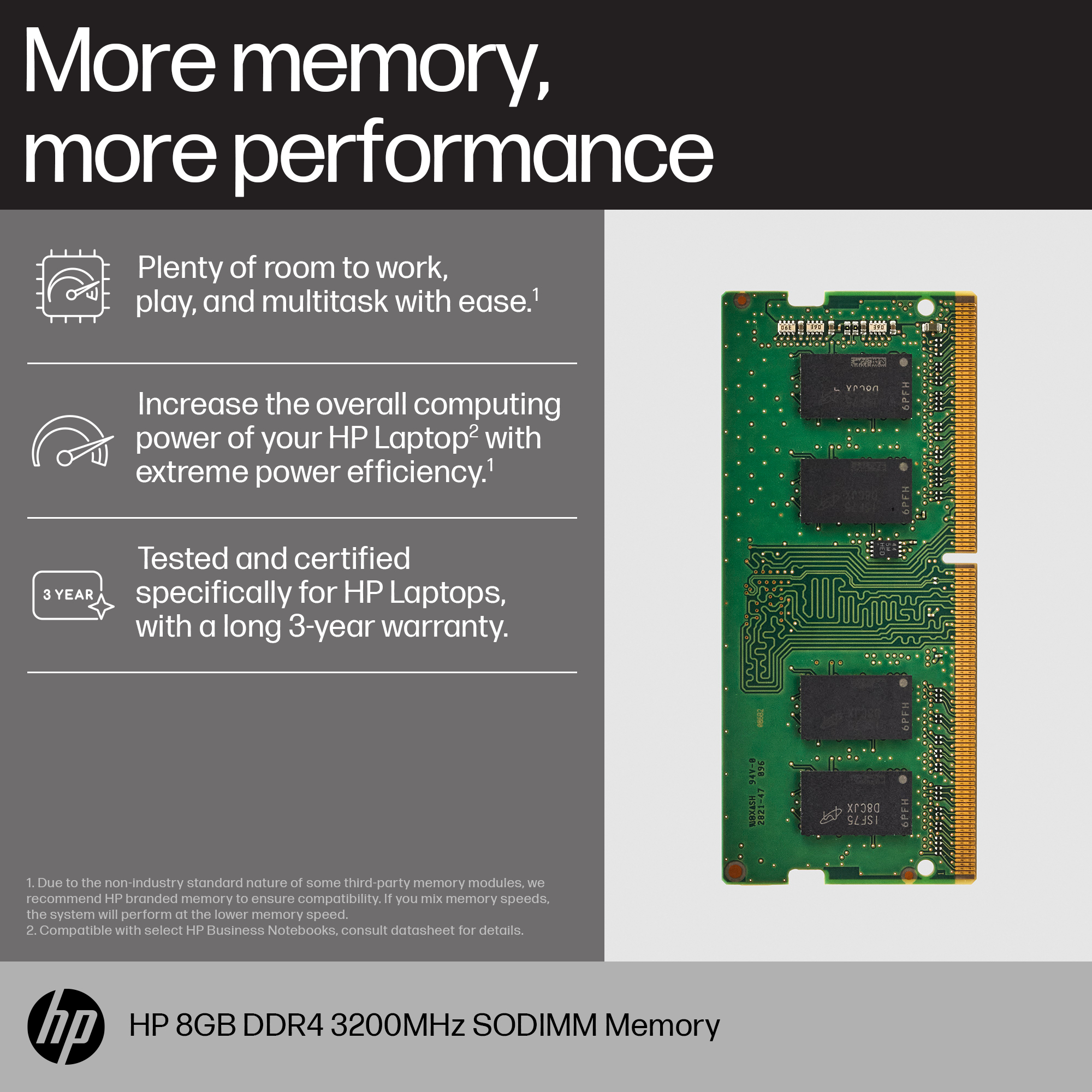 Scheda a circuito stampato verde con chip neri e connettori dorati, etichettata come memoria HP.