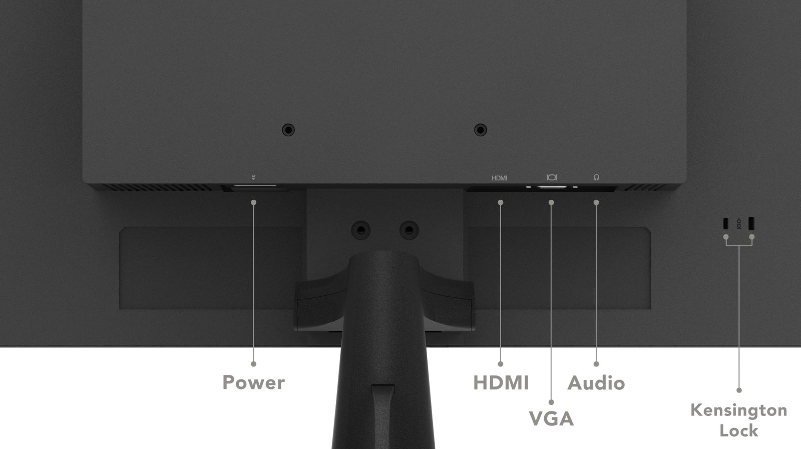 Rückseite eines Monitors mit Anschlüssen: Strom, HDMI, VGA, Audio und Kensington-Lock.