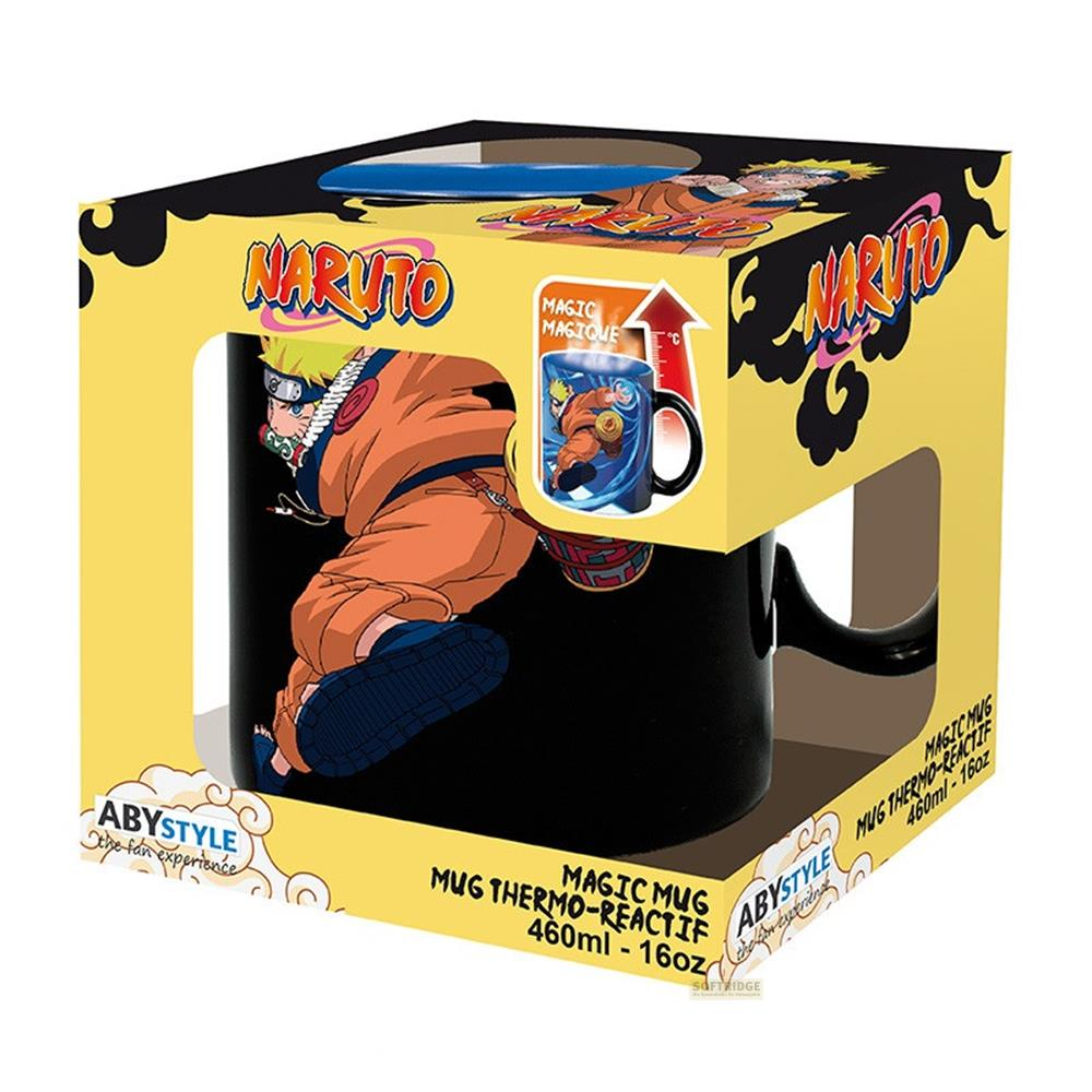 Naruto-Tasse in der Verpackung mit Narutos Charakter und Magie-Motiv.