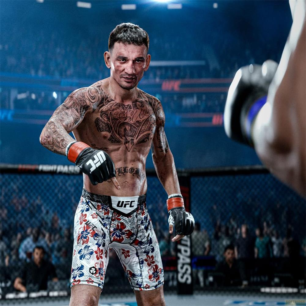 Yüzünde yara izleri olan dövmeli MMA dövüşçüsü bir UFC ringinde duruyor.