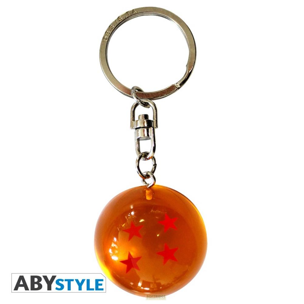 Un llavero naranja con una bola transparente con cuatro estrellas rojas.