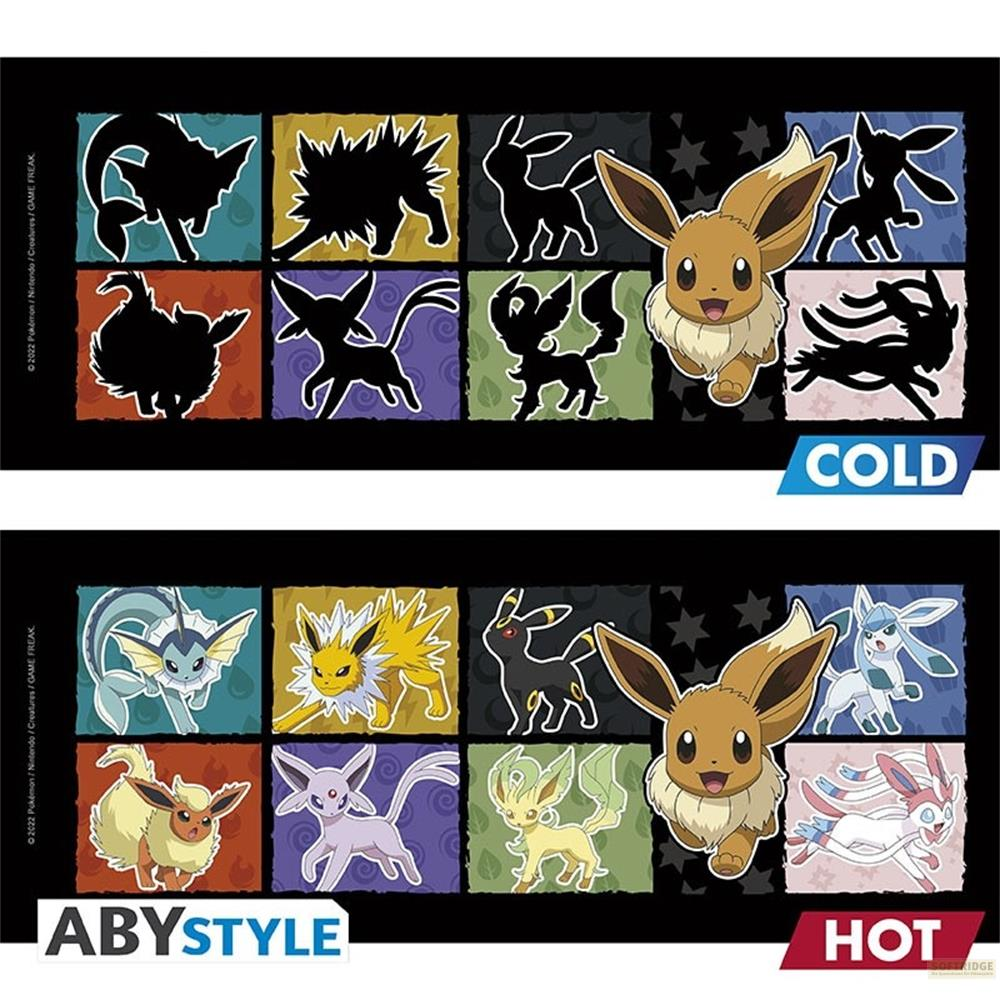 Eeveelutions en silueta y a todo color sobre fondo negro. Etiquetado FRÍO y CALIENTE.