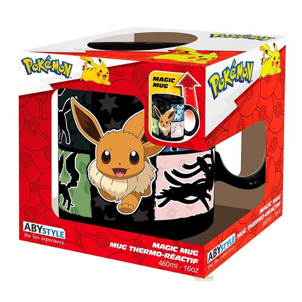 Embalaje de una taza mágica de Pokémon con Eevee y Pikachu.