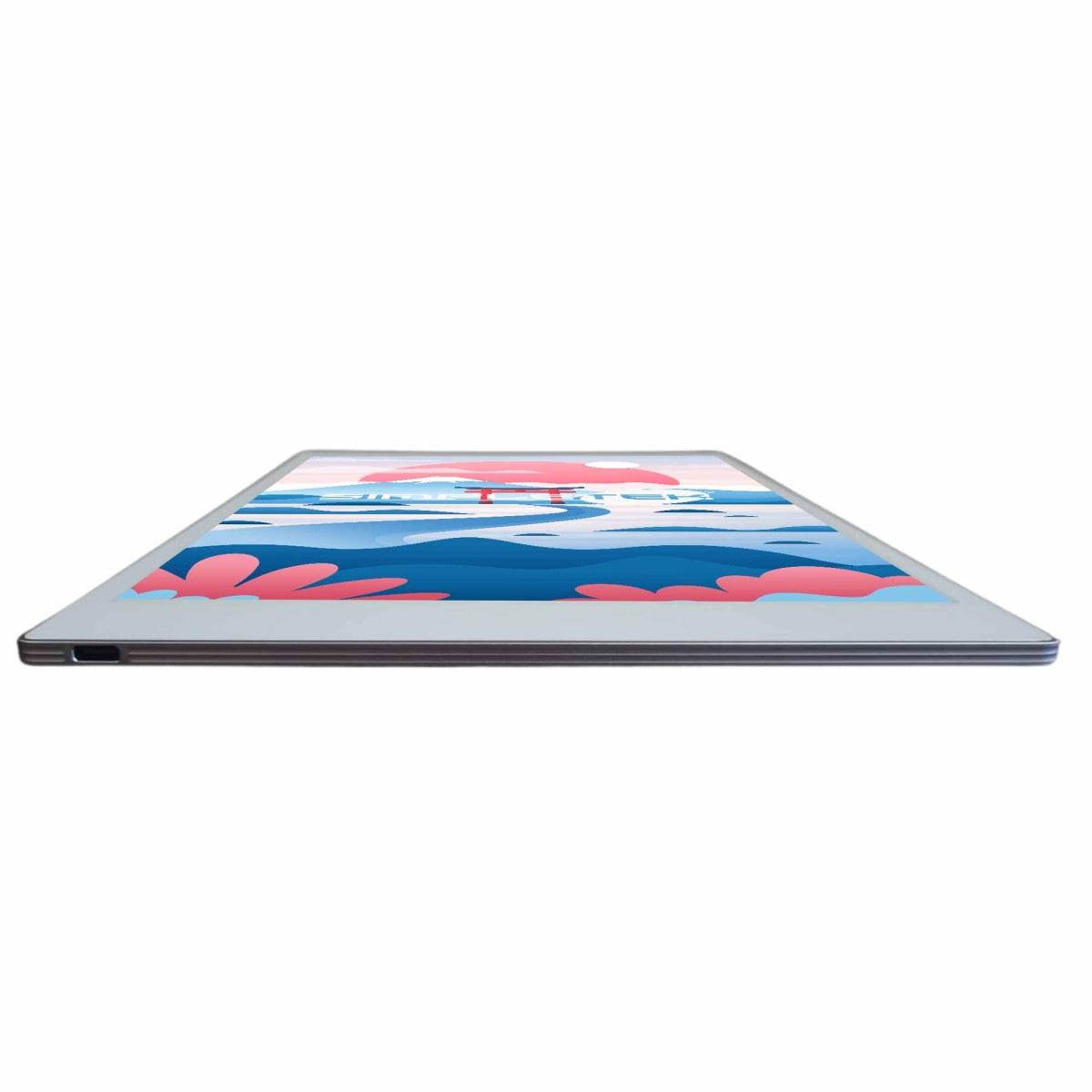 Ein Laptop mit einem abstrakten Seelandschaftsbild auf dem Bildschirm.
