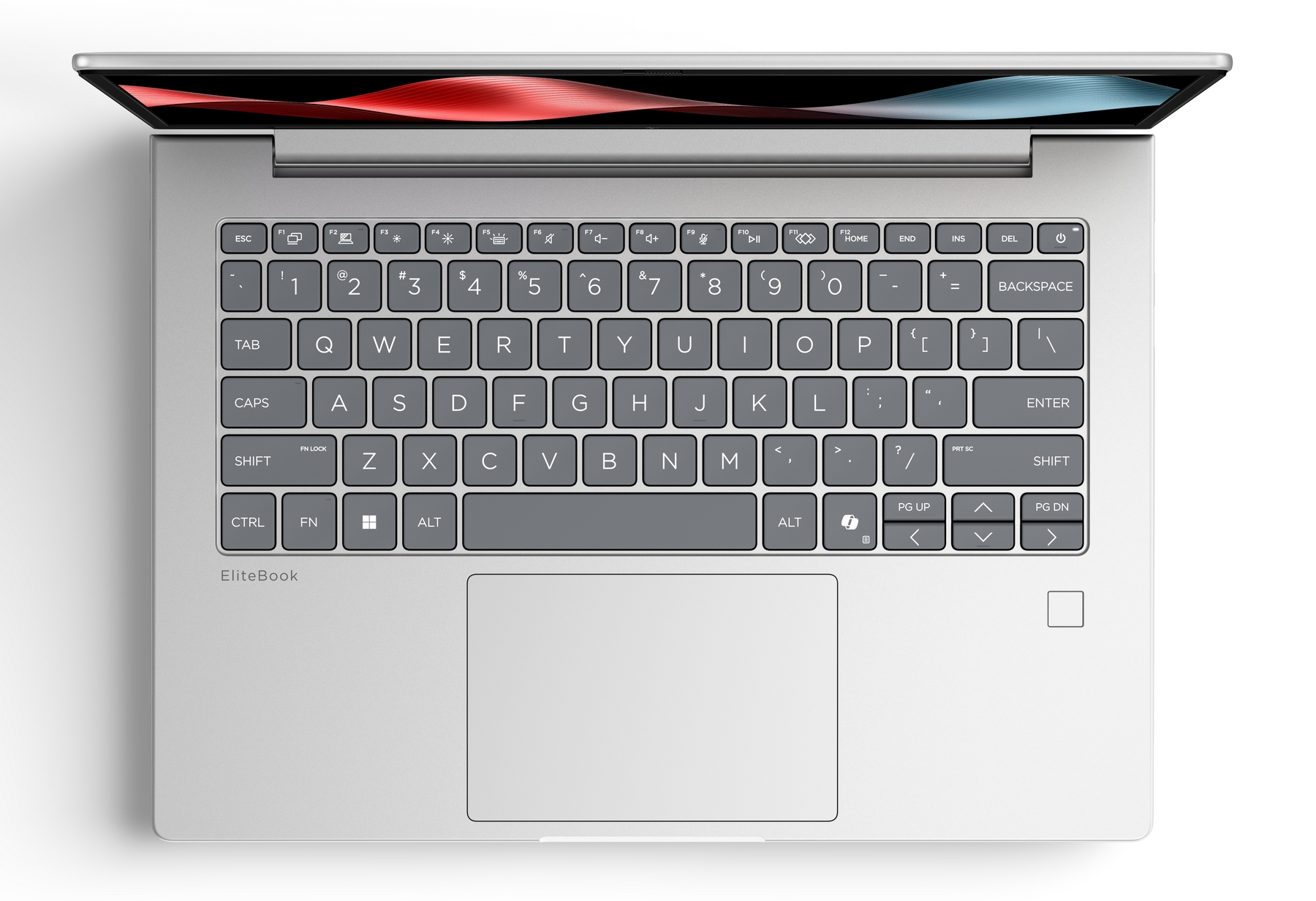 Vista dall'alto di un laptop EliteBook argentato aperto. Lo schermo mostra linee ondulate astratte rosse e blu.
