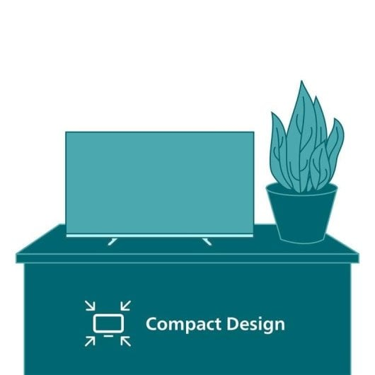 Un televisor y una planta en maceta sobre una mesa. "Diseño compacto".