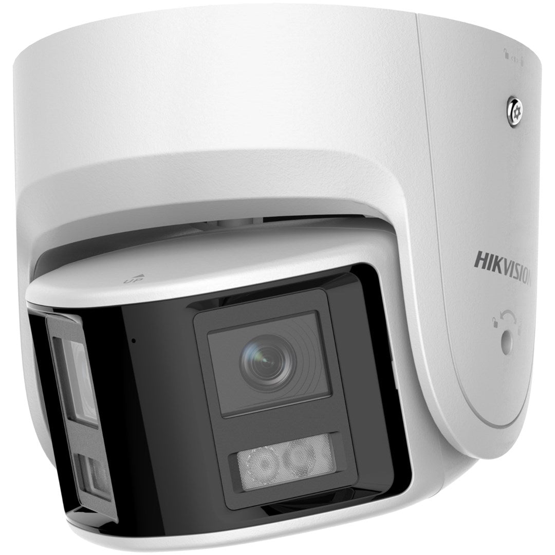 Una telecamera di sicurezza Hikvision bianca con frontale e lenti nere.