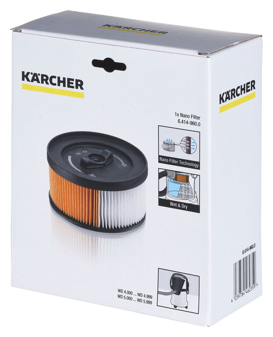Embalaje de filtro Kärcher Nano 6.414-960.0 con filtro mostrado.