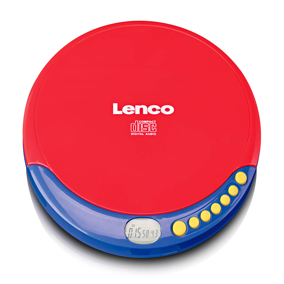 Ein roter und blauer Lenco CD-Player mit gelben Tasten und einem digitalen Display.