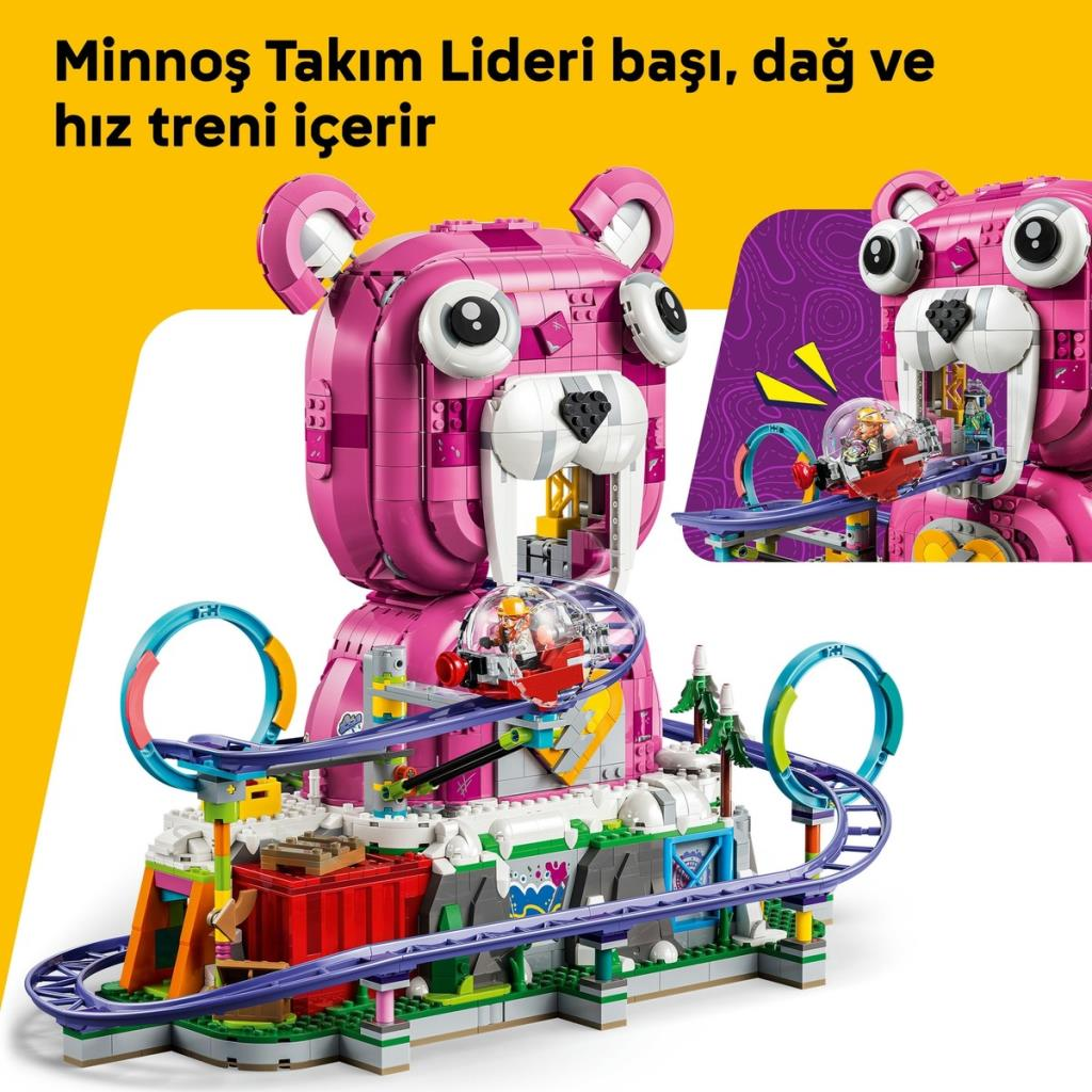 Küçük bir araba ve hız treni içeren pembe Lego ayı başı.