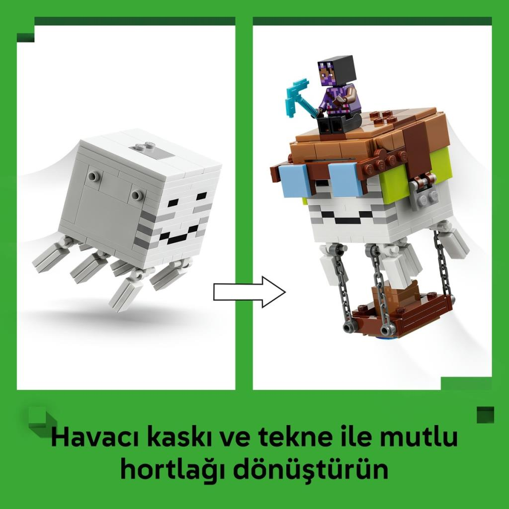 Scheletro Lego trasformato in personaggio Minecraft con casco e barca.
