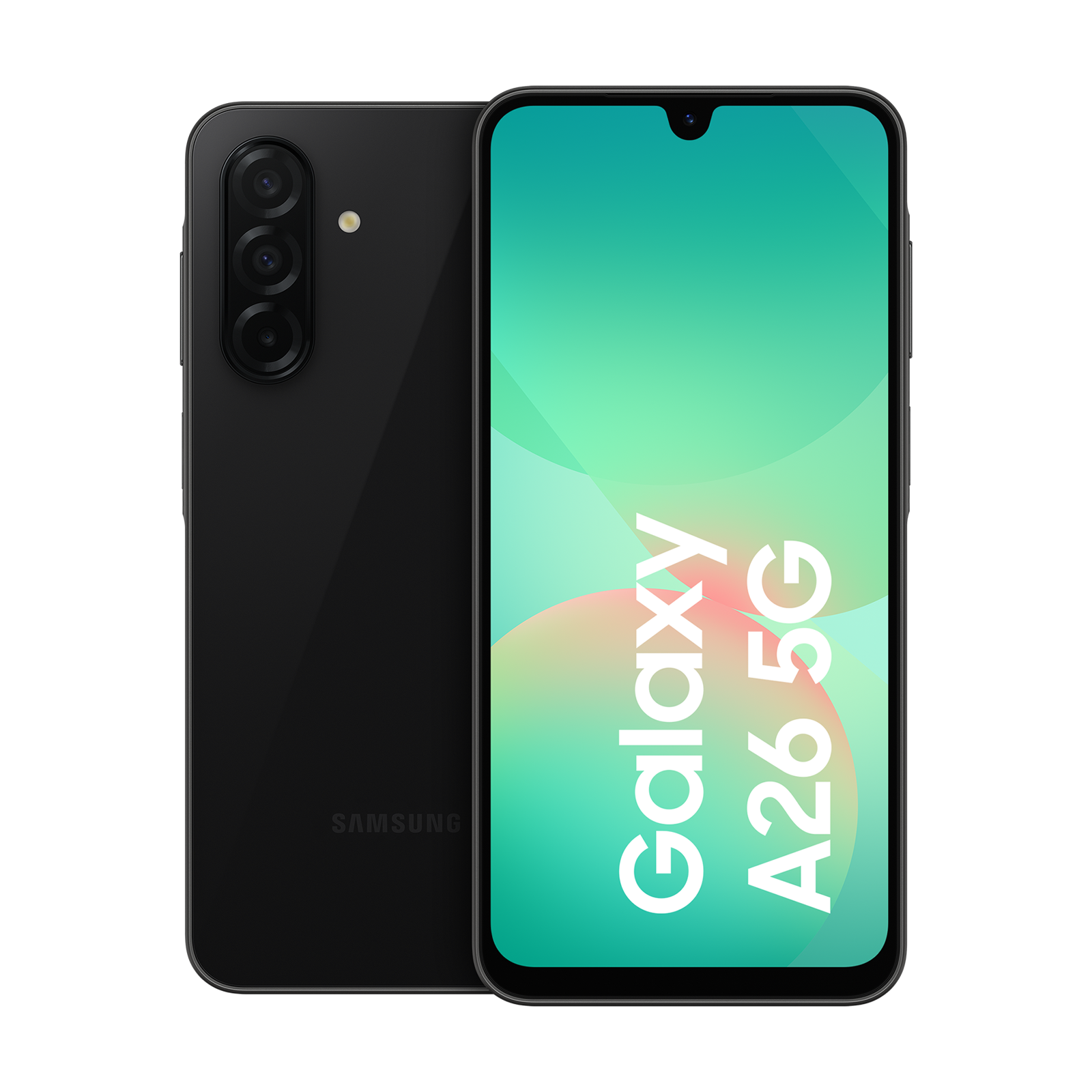Zwarte Samsung Galaxy A26 5G met drievoudige camera aan de achterkant en volledig scherm.