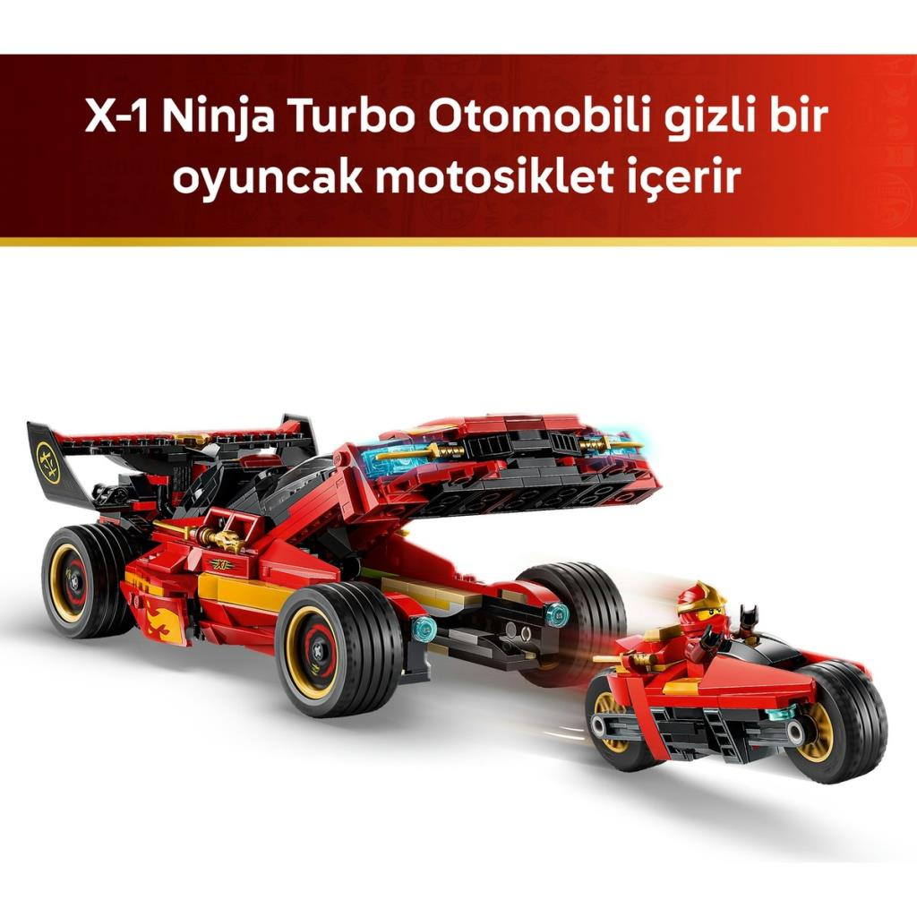 Un vehículo Lego rojo y amarillo con una motocicleta oculta dentro.