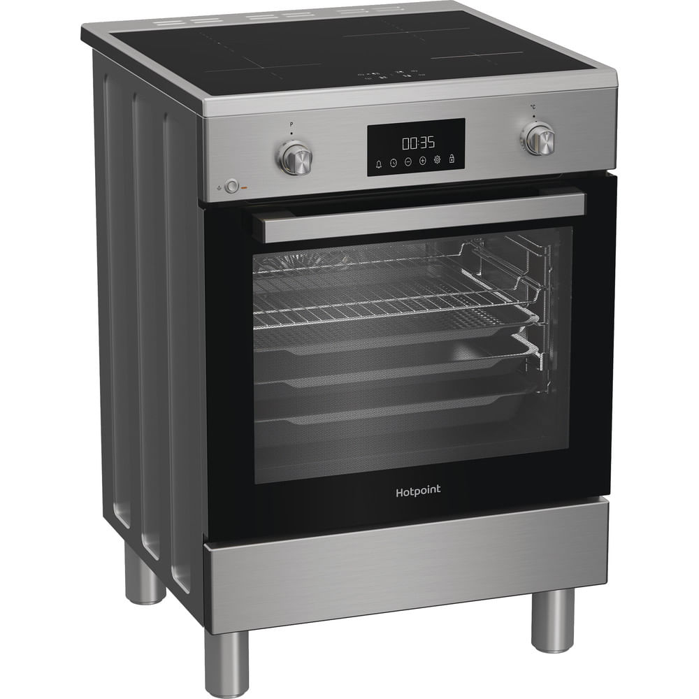 Forno moderno argento con porta in vetro nero e piano cottura a induzione.