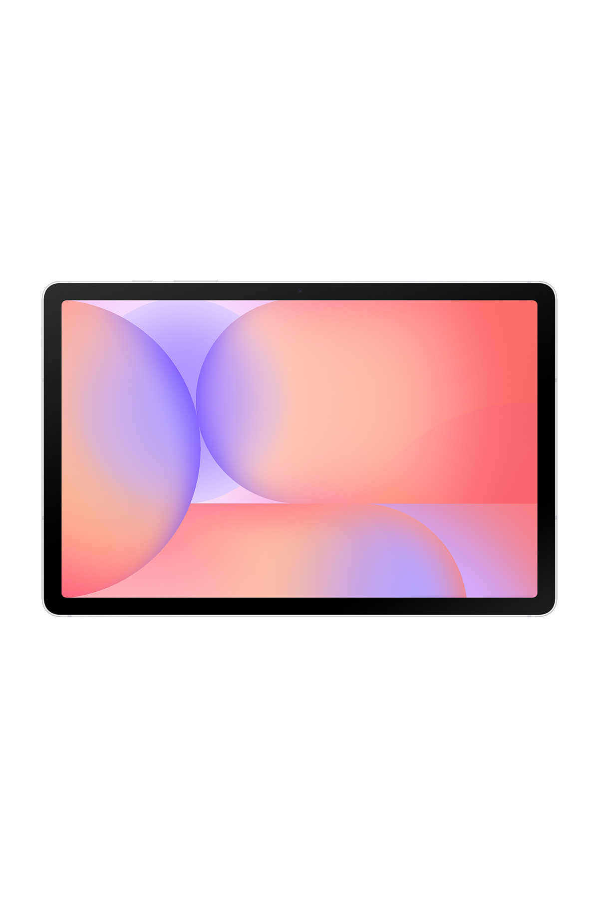 Mavi ve turuncu dairelerle soyut, renkli bir arka plana sahip tablet.