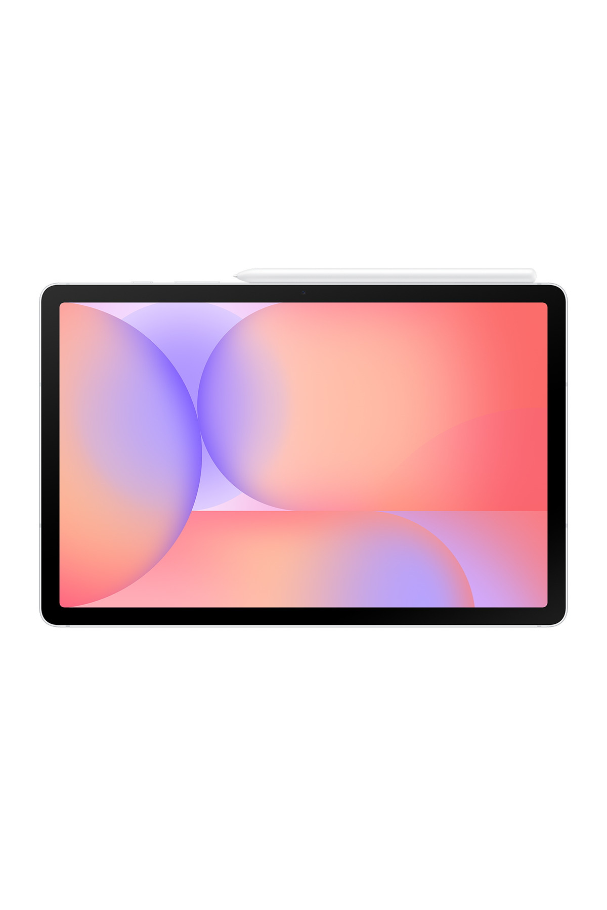 Renkli bir arka plan gösteren, kalemli beyaz tablet.