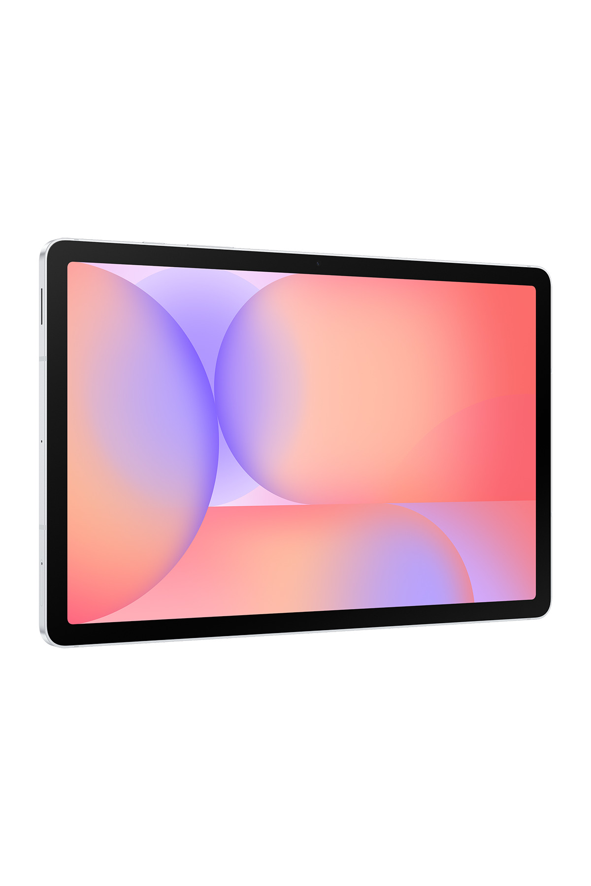 Gümüş tablet, ekranında soyut, renkli gradyan arka planı gösteriyor.