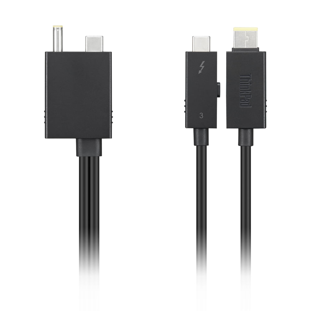 Due cavi neri con connettori USB-C e ThinkPad su sfondo bianco.