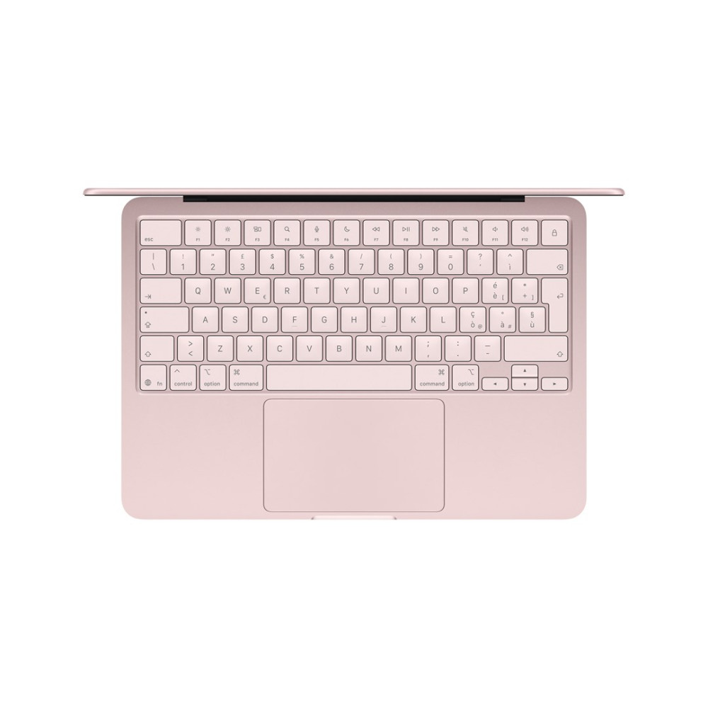 Ein pinker Laptop ist geöffnet und zeigt Tastatur und Trackpad. Der Bildschirm ist nach hinten geneigt.