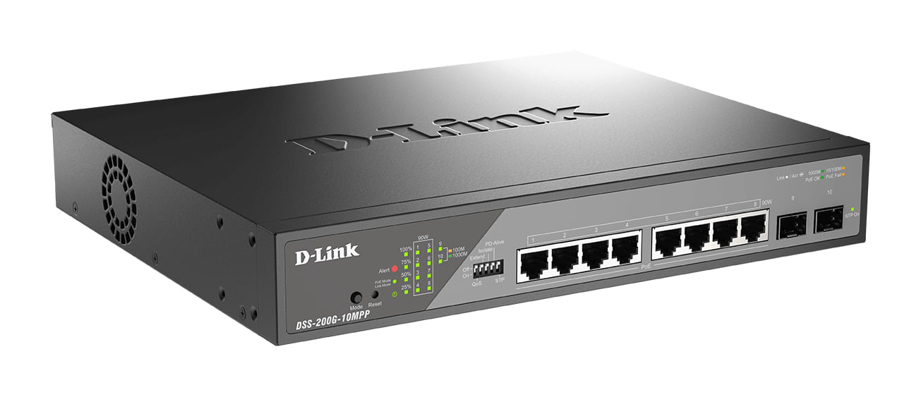 Ein schwarzer D-Link Netzwerk-Switch mit 10 Ports und Status-LEDs.