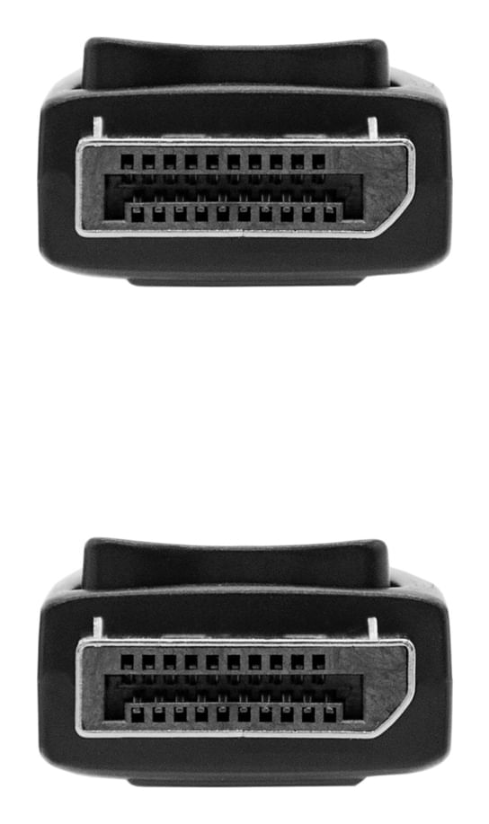 Close-up van twee zwarte DisplayPort-connectoren op witte achtergrond.