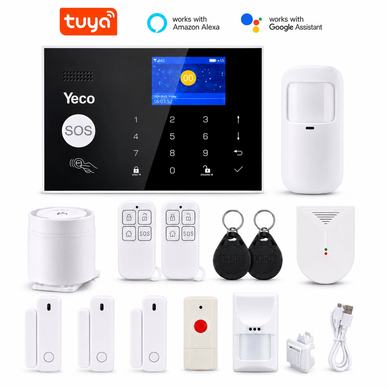 Kontrol paneli, hareket sensörü, kapı sensörleri, uzaktan kumandalar, siren ve USB kablosu içeren bir güvenlik sistemi.