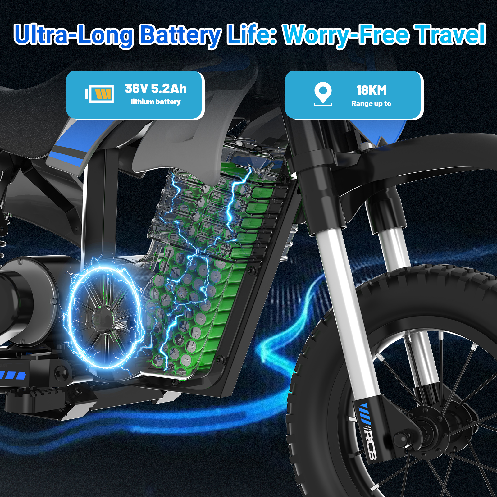Primer plano de una bicicleta eléctrica, mostrando la batería y especificaciones.