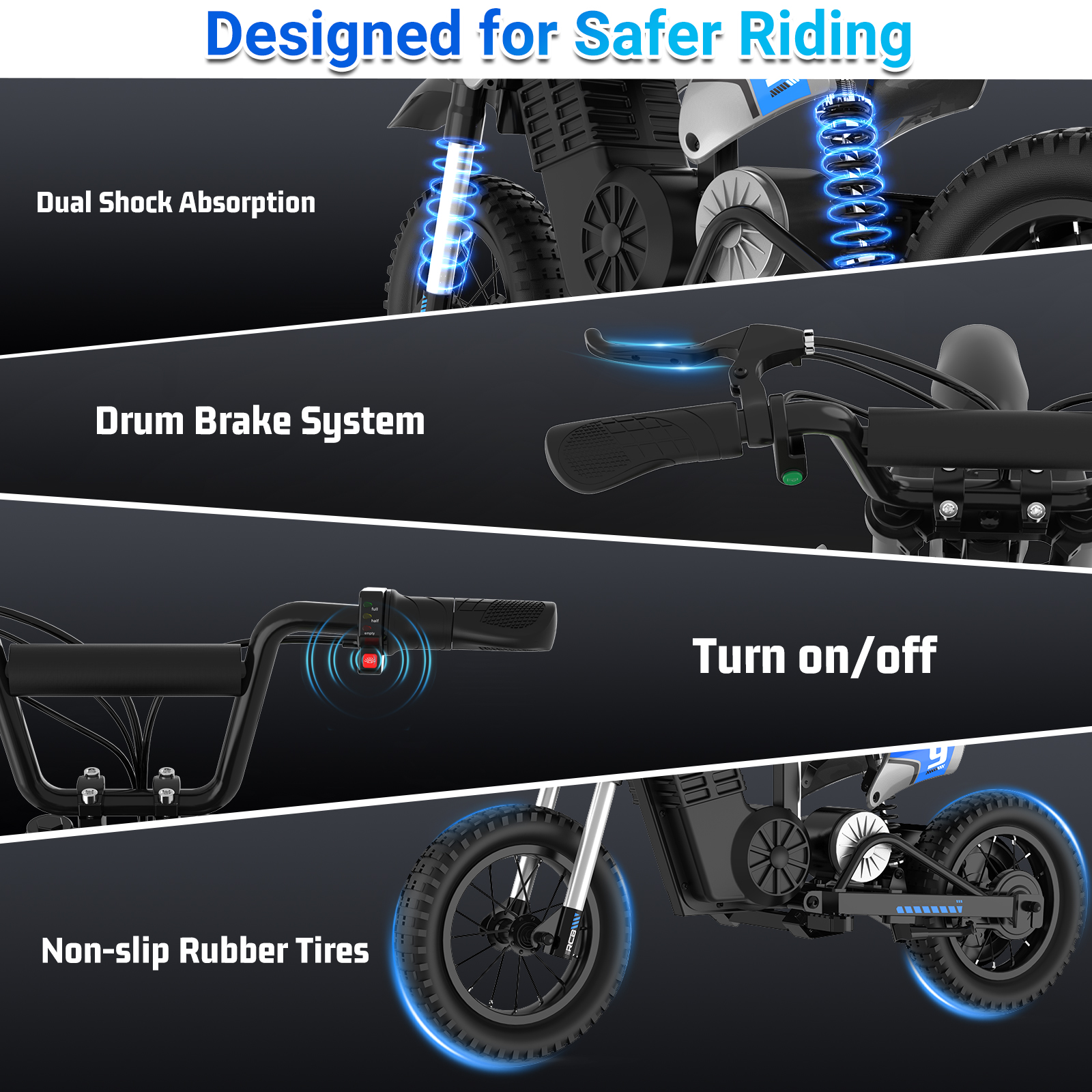 Detalles de una moto de cross a batería: suspensión, freno, manillar, neumáticos.