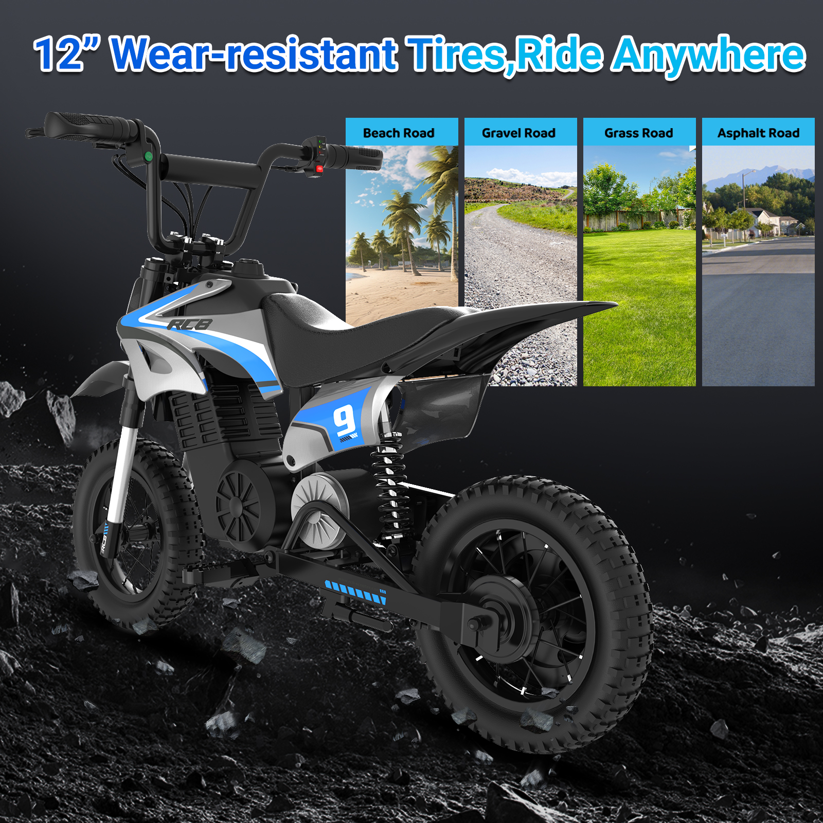 Una moto de cross negra con detalles azules y el número 9. A su lado hay cuatro imágenes de carreteras.