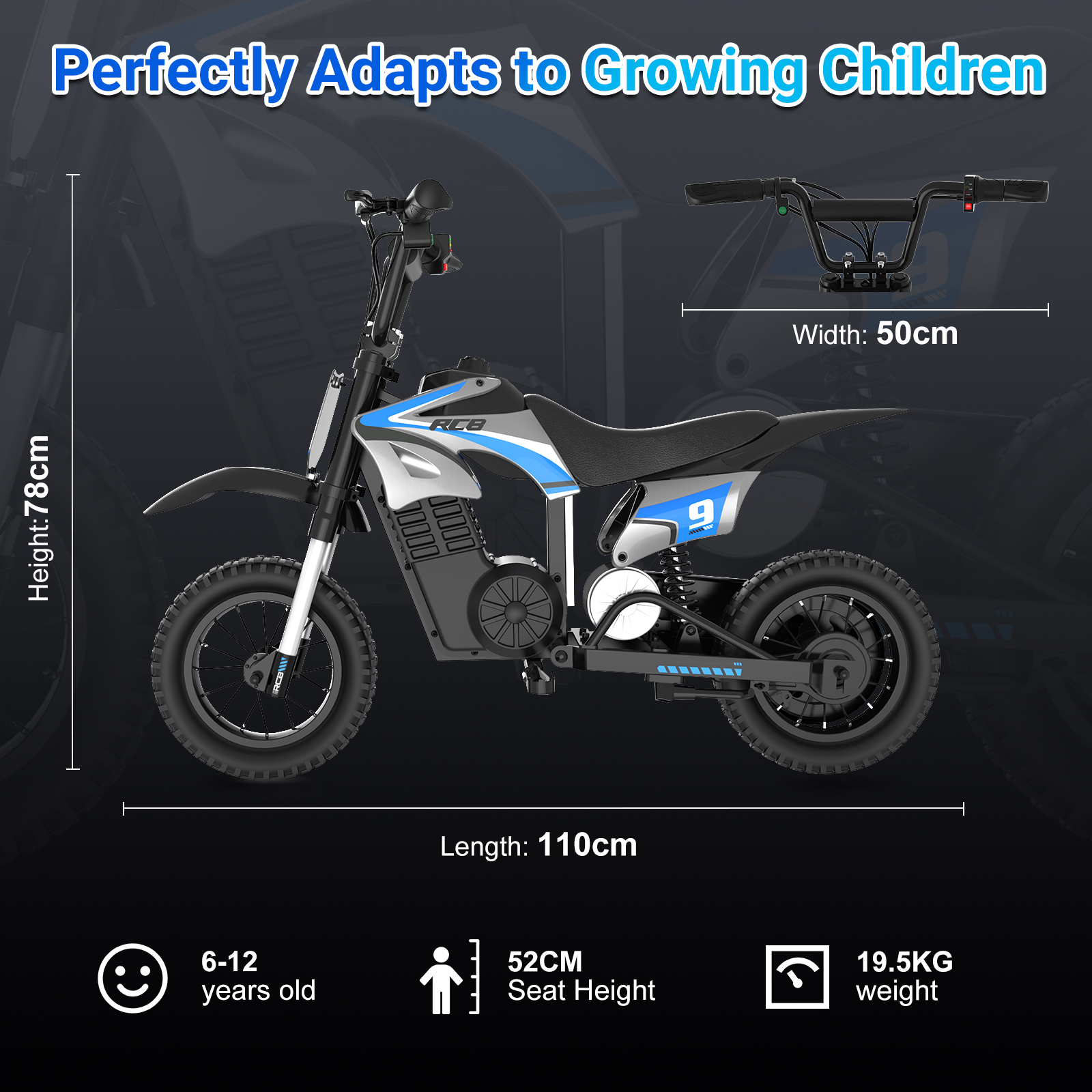 Una motocicleta infantil azul y blanca de 110x50x78cm.