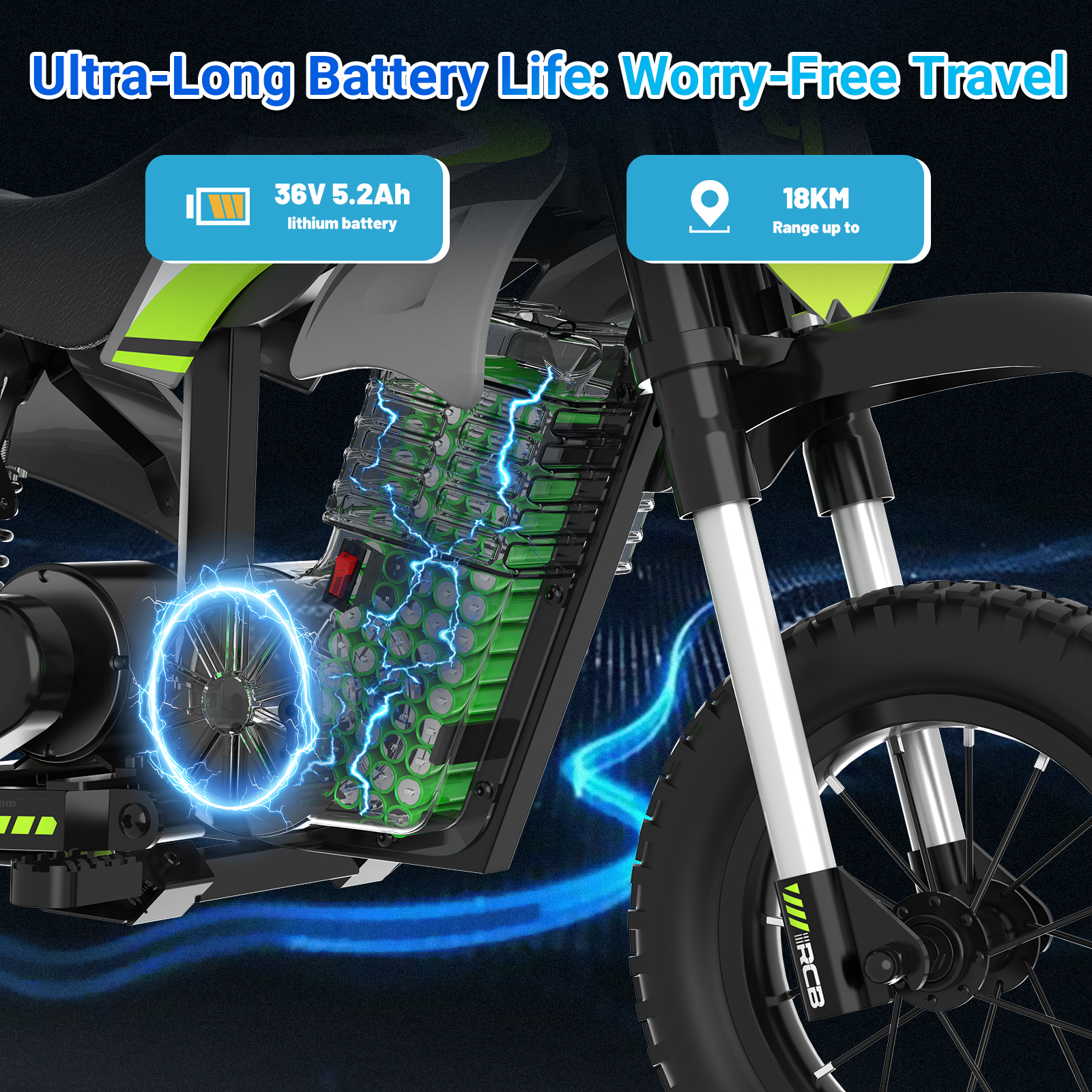 Primer plano de una bicicleta eléctrica mostrando batería y suspensión. Efectos de energía azul.