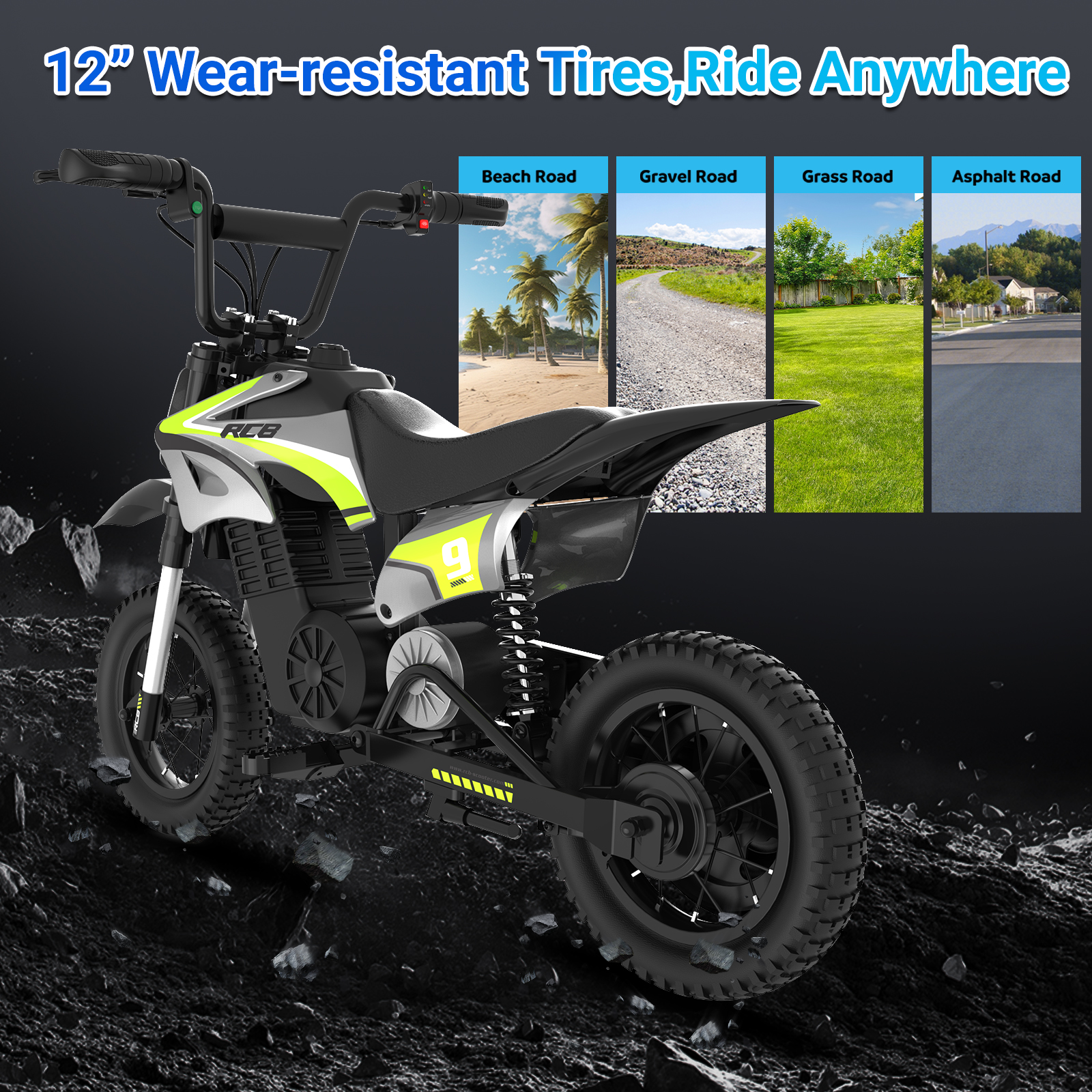 Una moto de cross eléctrica negra con acentos amarillos en terreno rocoso.