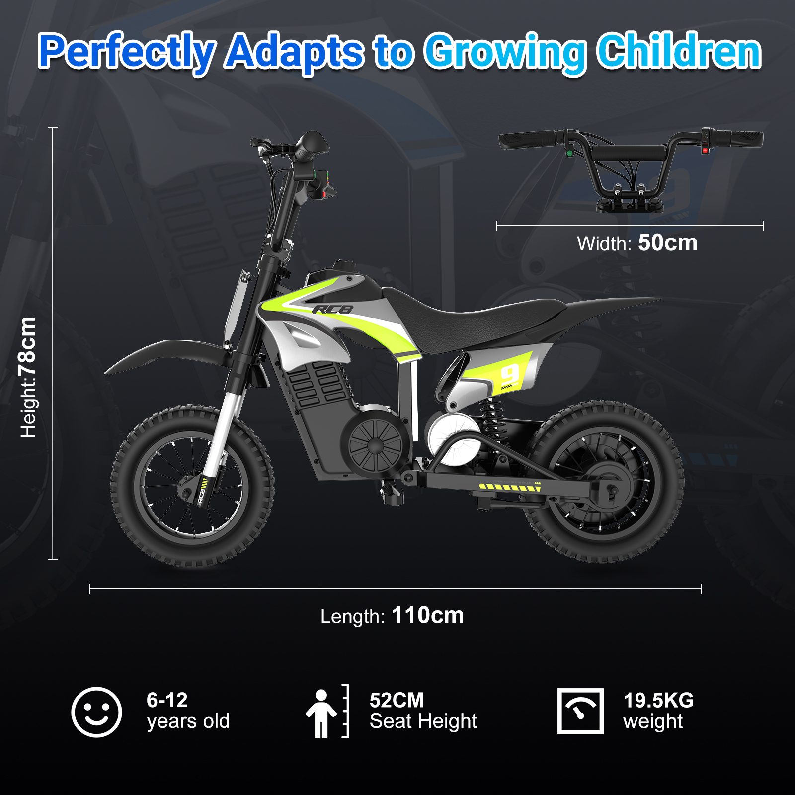 Una moto de cross eléctrica para niños, 78 cm de alto, 110 cm de largo.