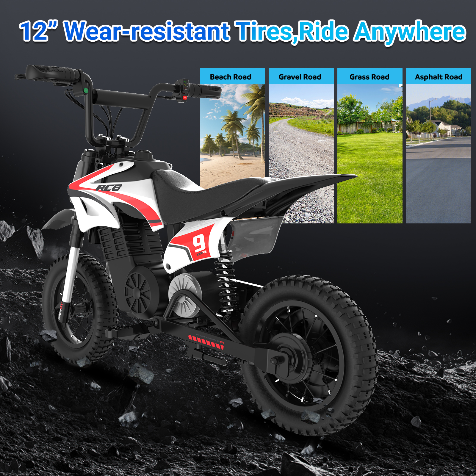 Una moto de cross blanca y negra con detalles rojos, sobre una superficie rocosa. Se muestran imágenes de diferentes terrenos.