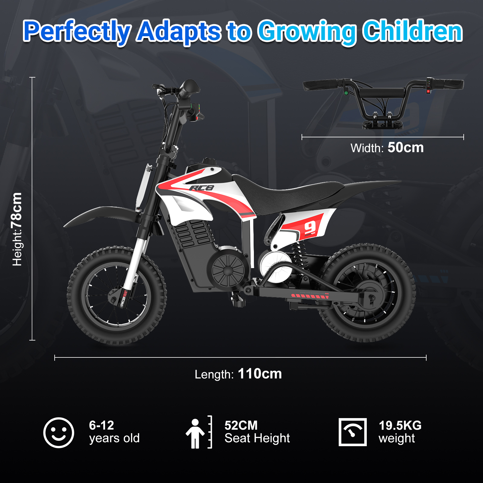 Una moto de cross infantil blanca y roja con dimensiones: 78cm Al, 110cm La, 50cm An.